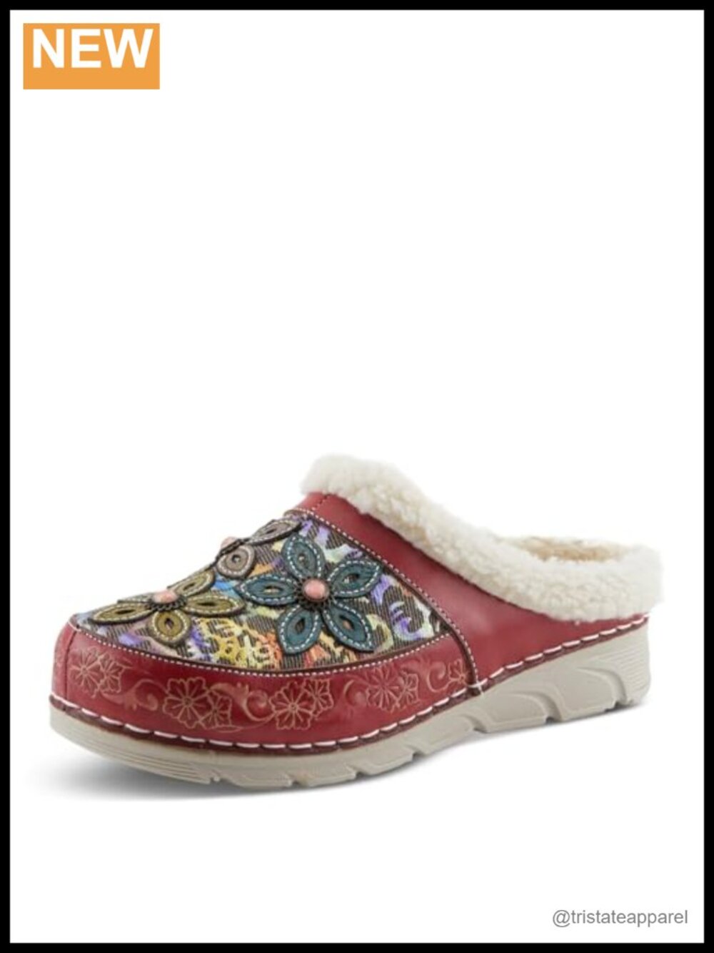 Embossed Leather Tapestry Clog Mules with Sherpa Lining Slip-On